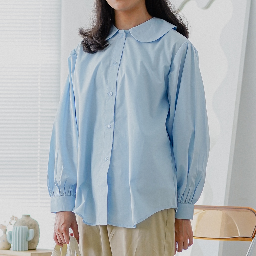 Jual ANSSY - Mina Oversized Round Collar Shirt Soft Blue - Kemeja Kerah ...