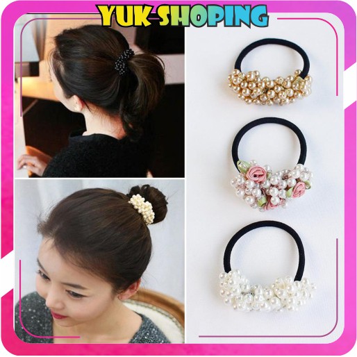 Jual YUKSHOPING R124 Ikat Rambut Scrunchie dengan Manik-Manik Mutiara ...