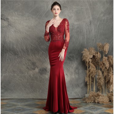 Jual Gaun malam mewah mermaid evening dress gaun pesta merah wine V ...