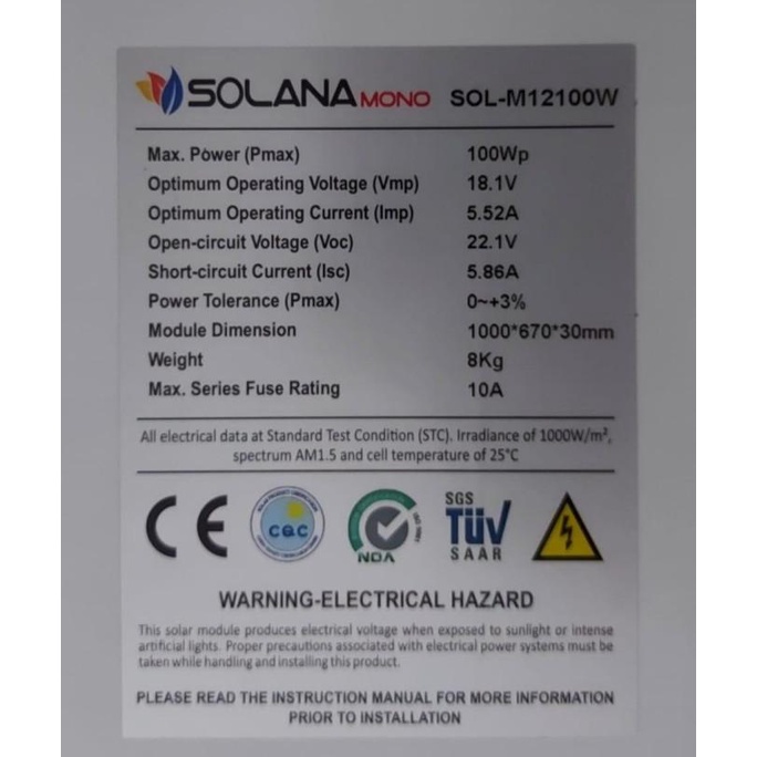 Jual Solar panel surya cell module solana 100wp m100 wp mono 12v 12 v ...