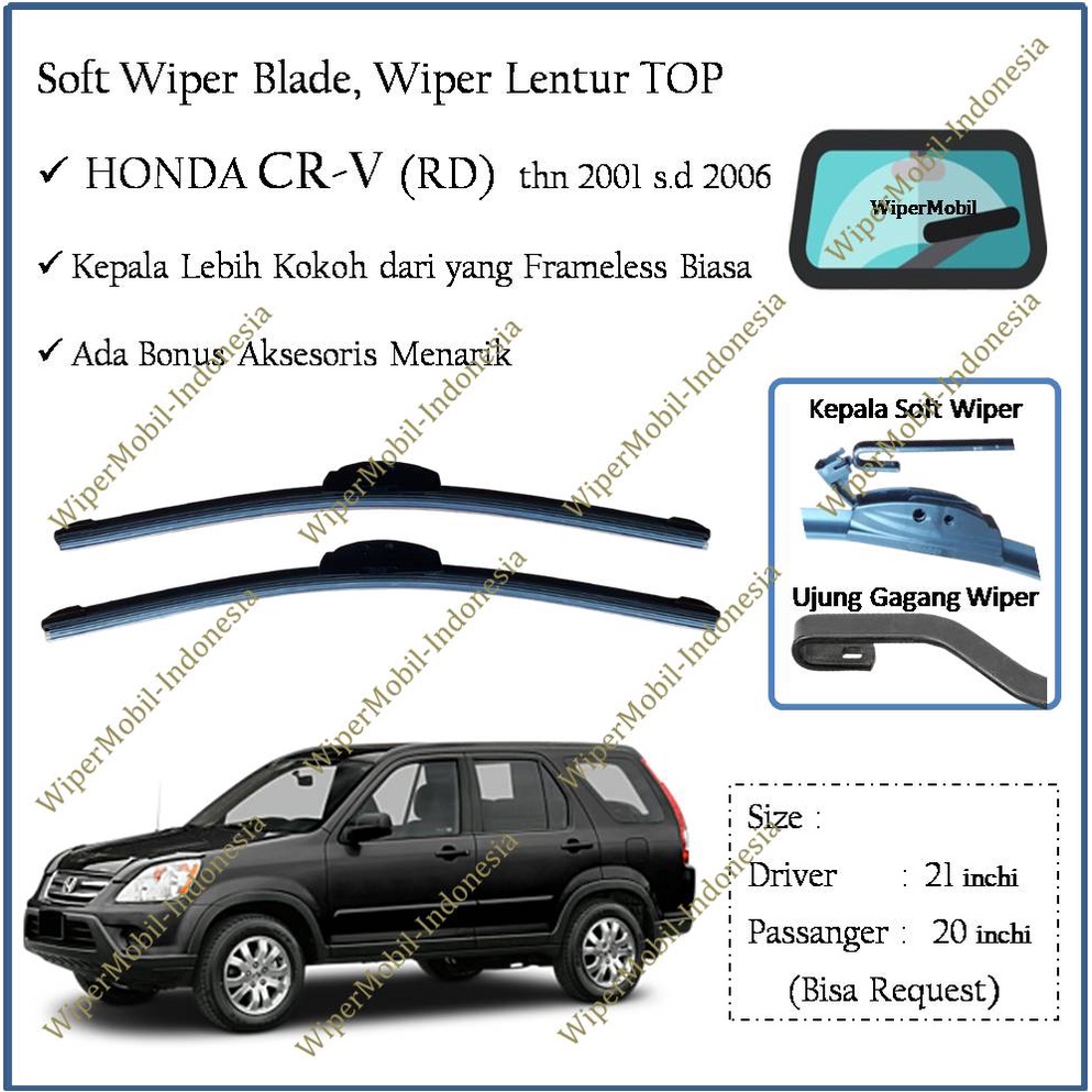 Jual Soft Wiper Blade Honda CRV RD Gen Generasi 2 2001 2002 2003 2004