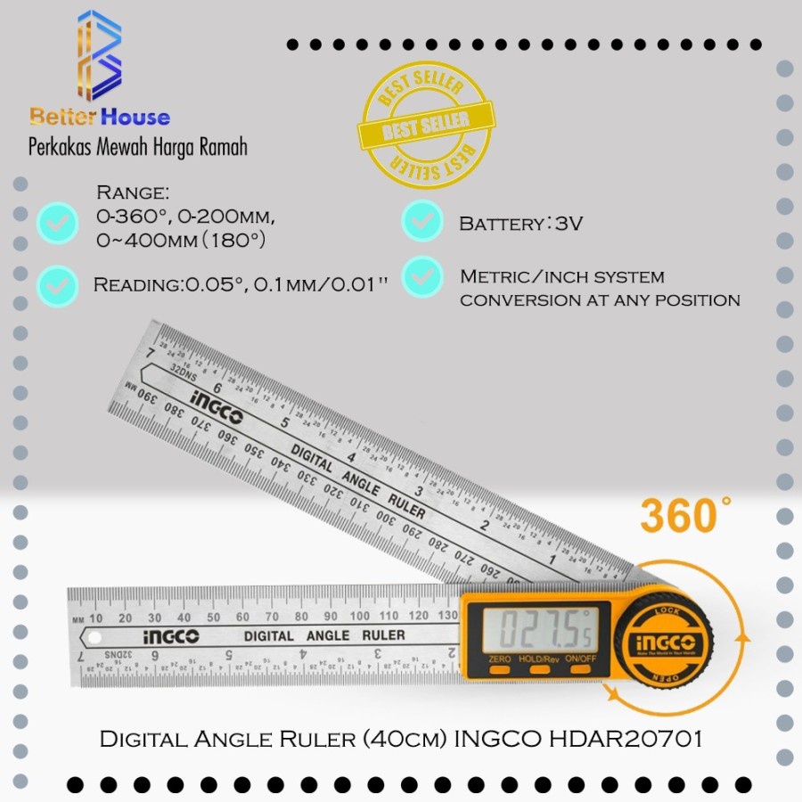 Jual Digital Angle Ruler 40cm INGCO HDAR20701 Penggaris Sudut Siku ...