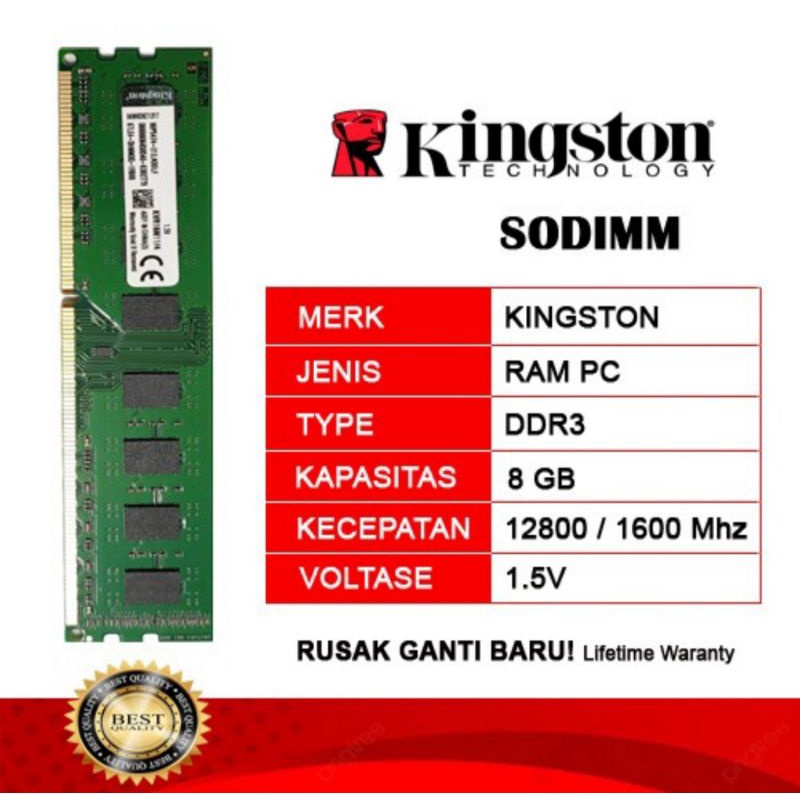 Jual LONGDIMM MEMORY PC KINGSTON DDR3 8GB PC12800 Shopee Indonesia