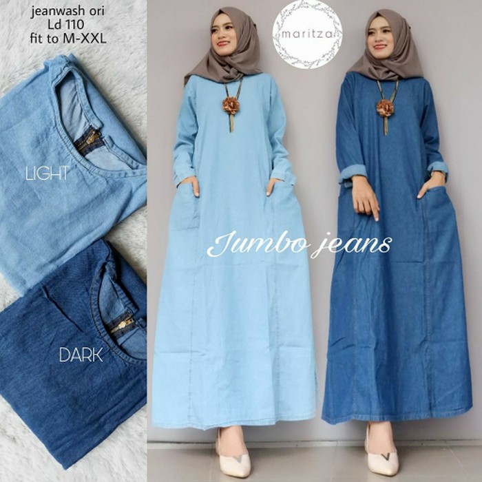 Jual dress denim gamis jeans basic casual premium original HQ kekinian ...