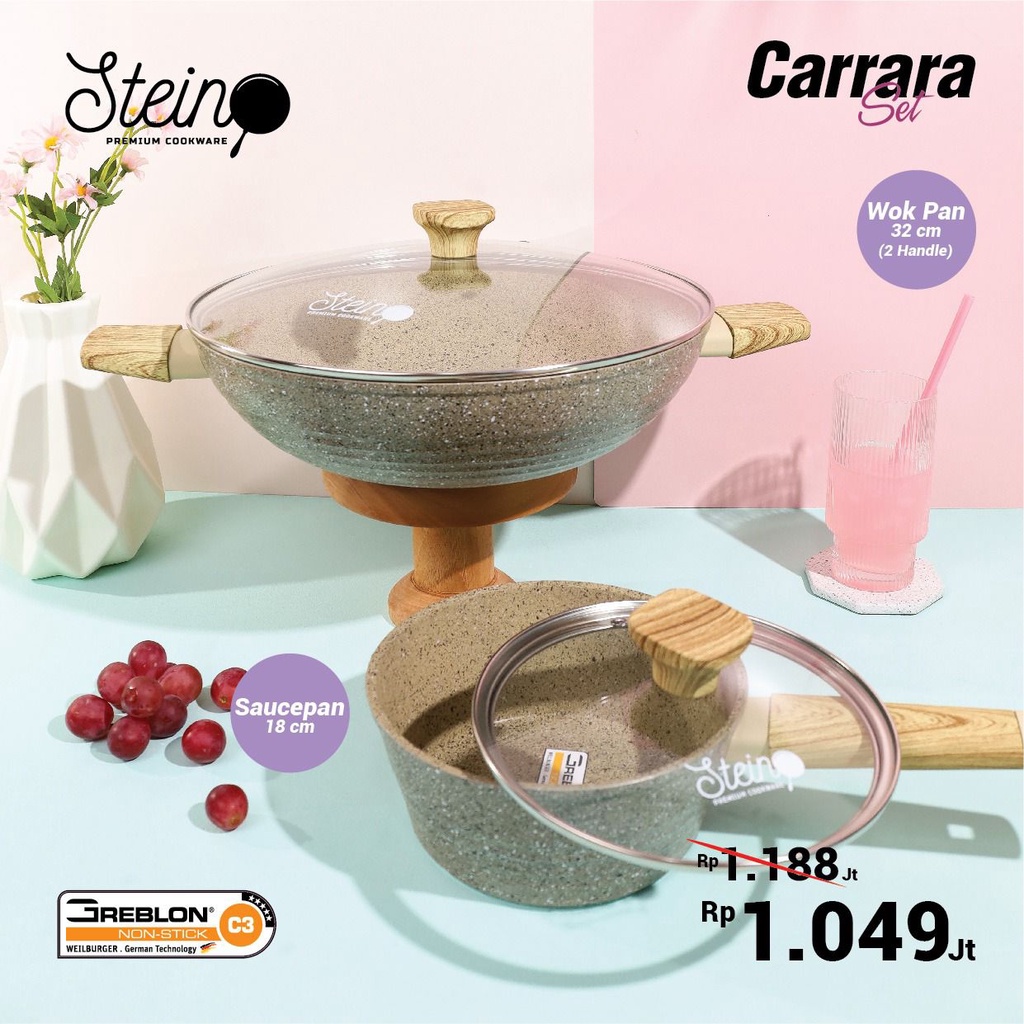 [FREE BUBBLEWRAP!] Steincookware Stein Paket Carrara (wok 32 cm + saucepan 18 cm)