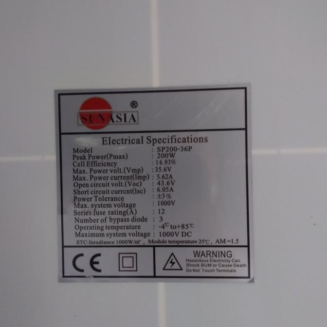 Jual SOLAR PANEL MERK SUN ASIA 200WP 24V - PANEL SURYA / SOLAR CELL ...