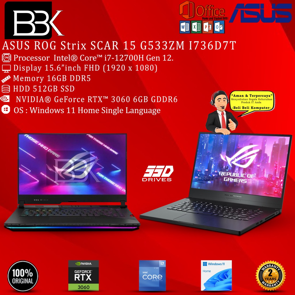Jual ASUS ROG Strix SCAR15 G533ZM Intel® Core i7 16GB 512GB SSD W11HSL ...
