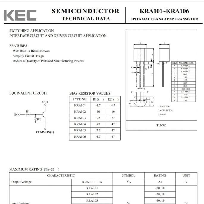 Jual KEC KRA103 Epitaxial Planar PNP Transistor A103 40V 100mA 2sa103