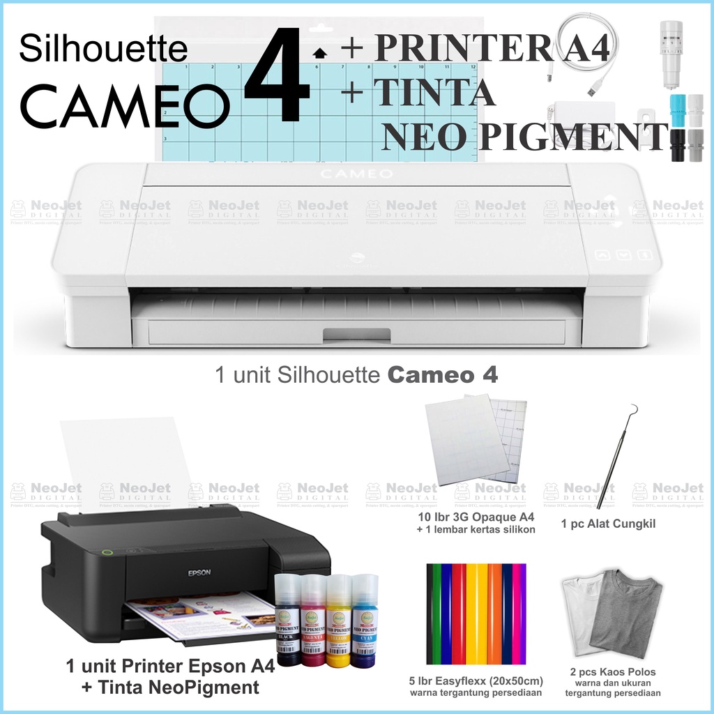 Jual Paket Usaha Sablon Custom Print Cut Cameo Epson A4 Pigment 3G ...
