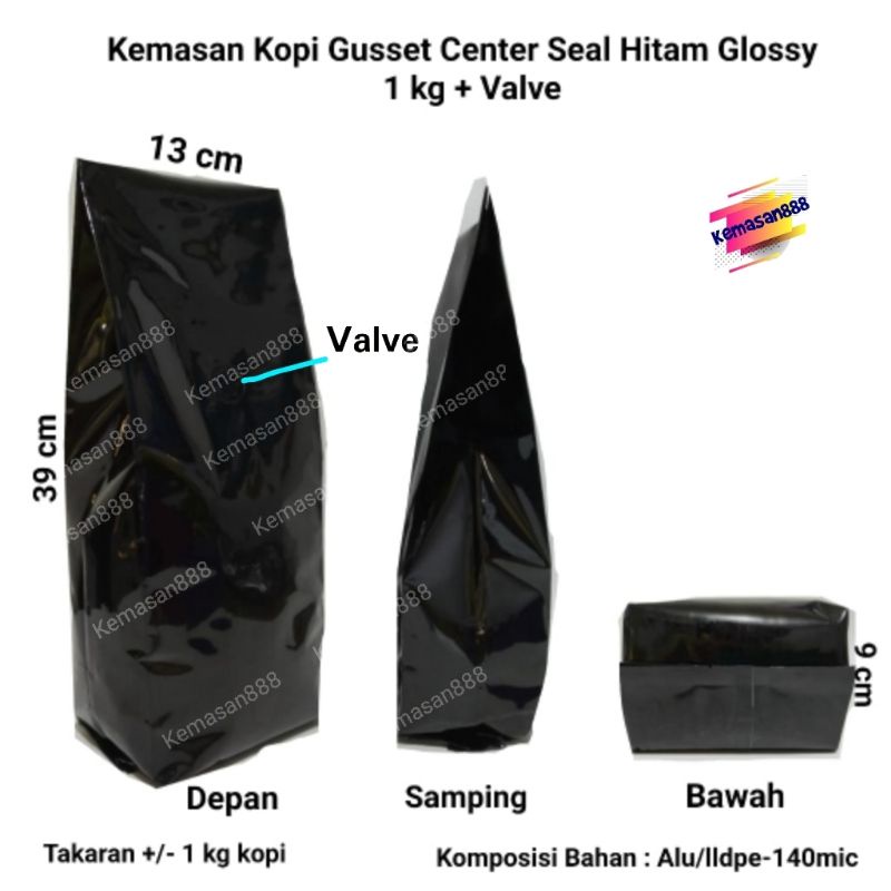 Jual Kemasan Kopi Gusset Centre Seal Hitam Glossy Kg Valve Kemasan