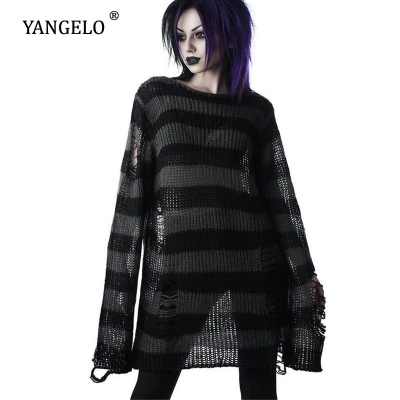 TAVIMART  -  2025 Goth Punk Gothic Sweater Rock Pullovers Women Striped Cool Hollow Out Hole Broken Jumper Harajuku Aesthetics Sweaters Y2k