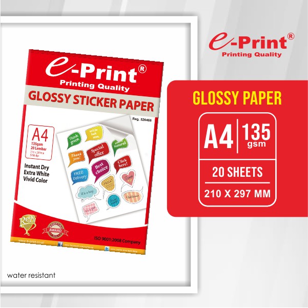 Jual Kertas Foto Stiker Glossy Photo Paper A4 135gsm 20lembar E-Print ...