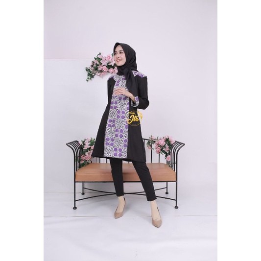 Tunik Batik Wanita Modern Tunik Batik Kombinasi Atasan Dress Batik Kerja  Premium Lengan Panjang Motif Bunga