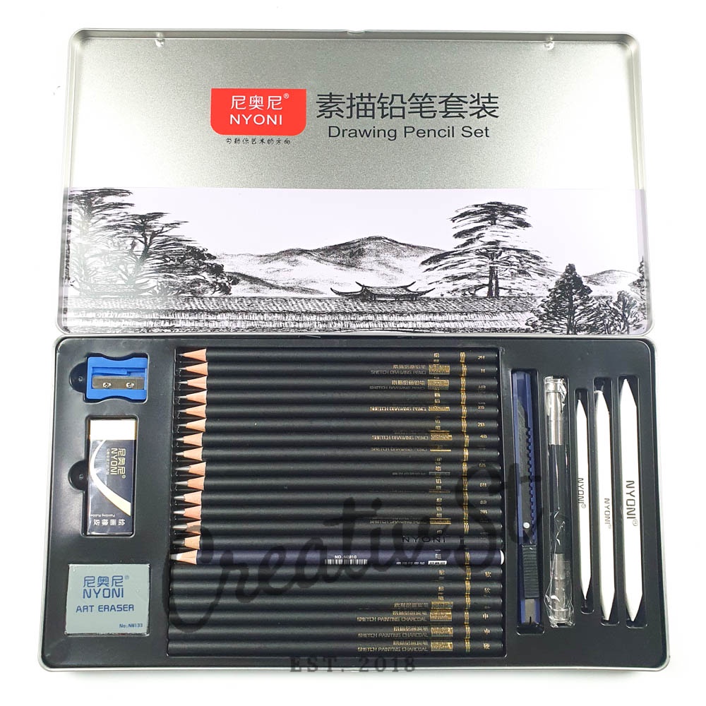 Jual NYONI Sketch Drawing Pencil Set Charcoal Paper Stump Eraser