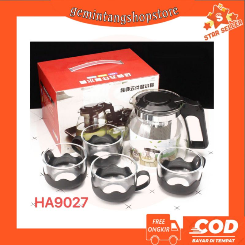 Jual tea pot set Kaca 5 In 1 / tea pot dengan saringan / teko teh set