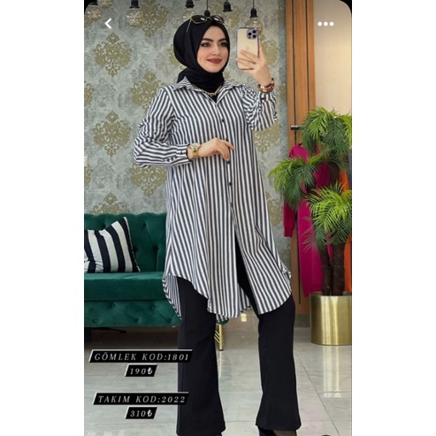 Jual Tunik Kemeja Wanita Lengan Panjang Bahan Rayon Adem Motif Salur