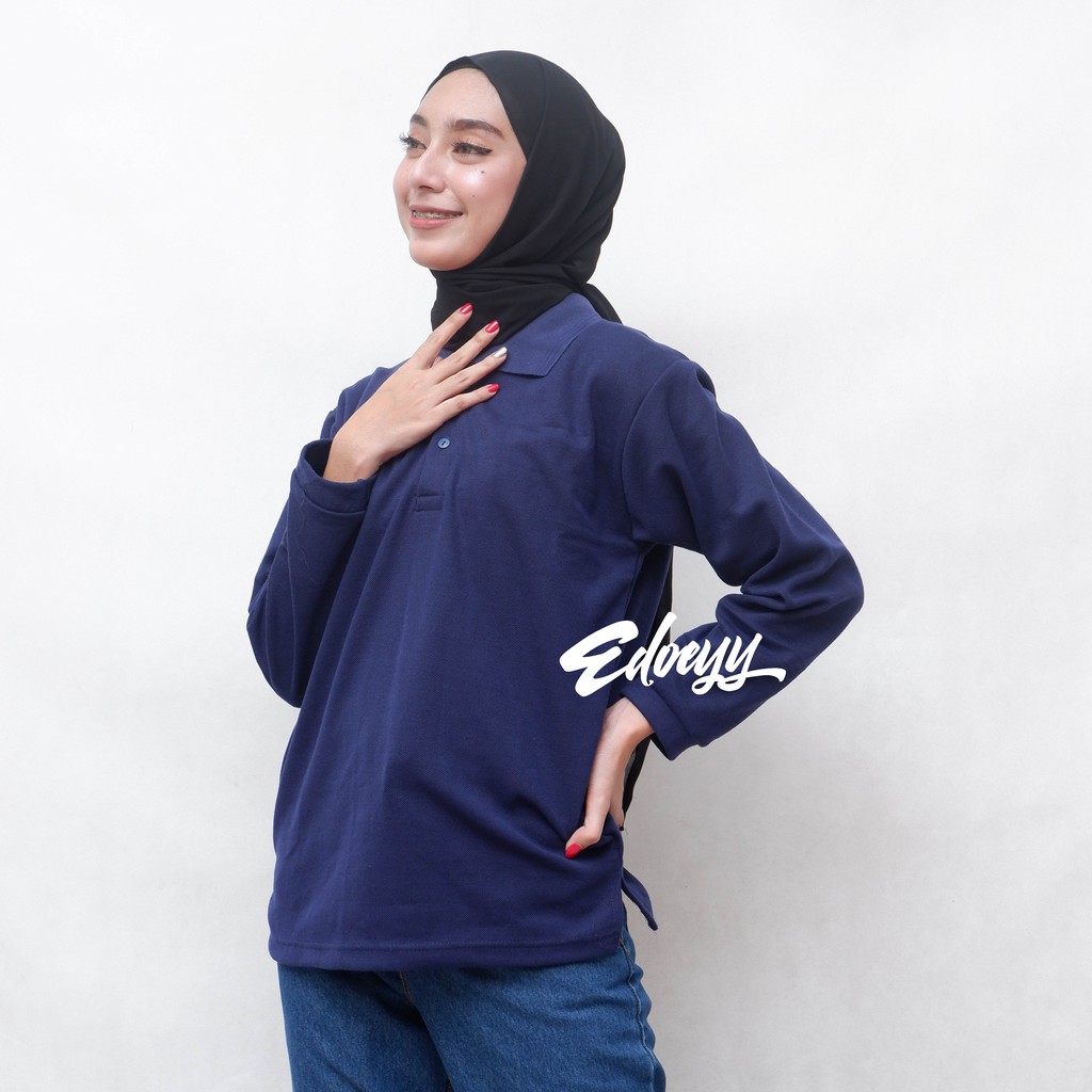 Jual Kaos Polo Shirt Wanita Lengan Panjang Dongker Navy Baju Kerah