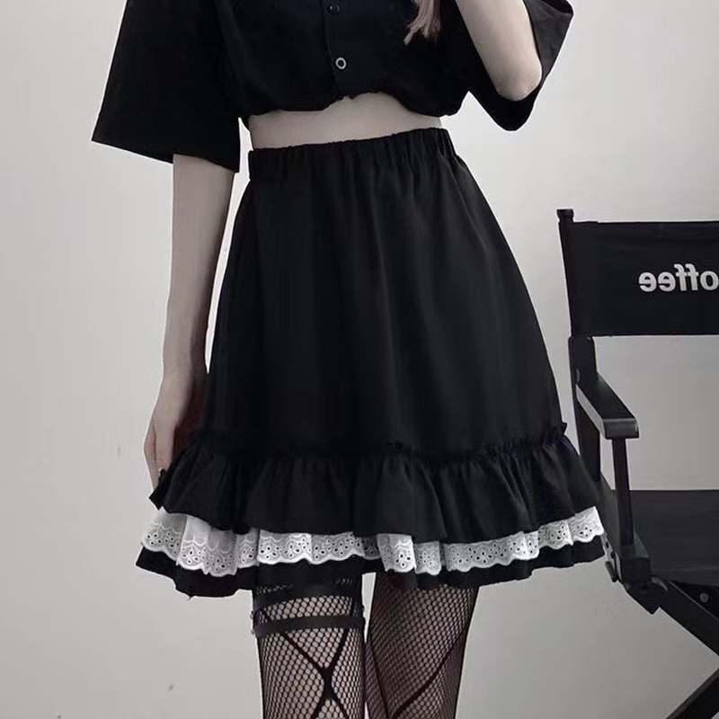 Jual HOUZHOU Mall Goth Gothic Lace Ruffle Mini Skirts Womens Harajuku