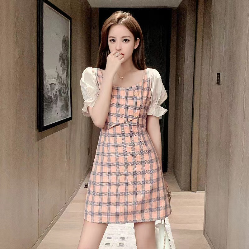 Jual Korean Dress Lengan Pendek Balon Kotak Kotak Gaya Korea Wanita 2 Kancing Mati Import 