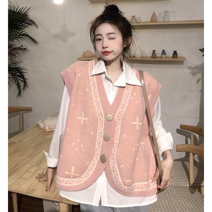 Jual V-Neck Sleeveless Loose Fitting Knit Outer Vest C754 | Shopee ...