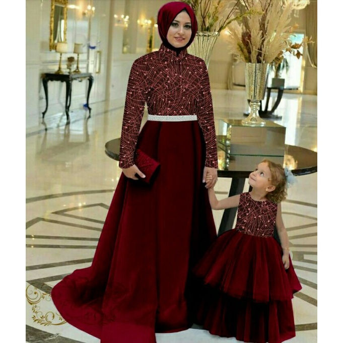 Jual CP Couple CPMK Kondangan Maxi Dress Mom Kid Kids Tile Mutiara Tile