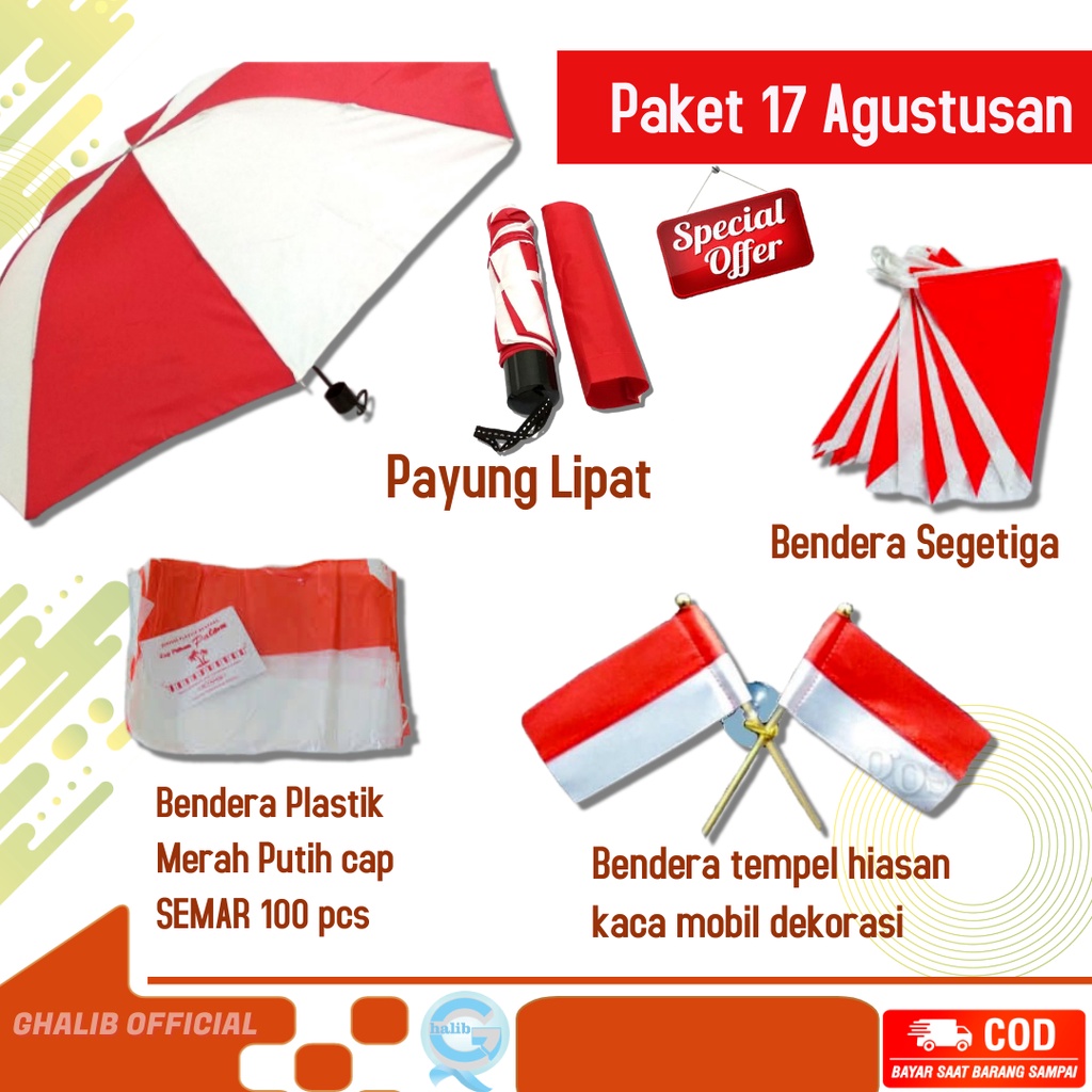 Jual Paket 17 Agustusan Payung Lipat Merah Putih/ Bendera Segetiga