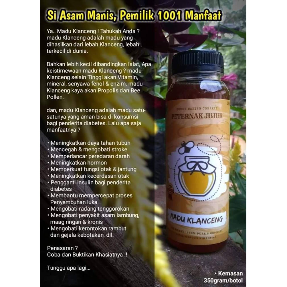 Jual MADU KLANCENG PETERNAK JUJUR/ TRIGONA ASLI MURNI/ KEMASAN 250 ML