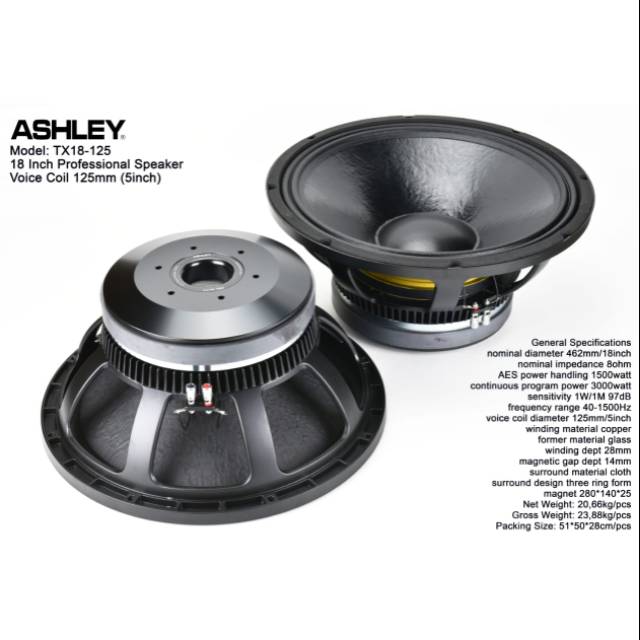 SPEAKER SUBWOOFER ASHLEY 18 INCH VOICE COIL 5 INCH 125mm 3000 watt