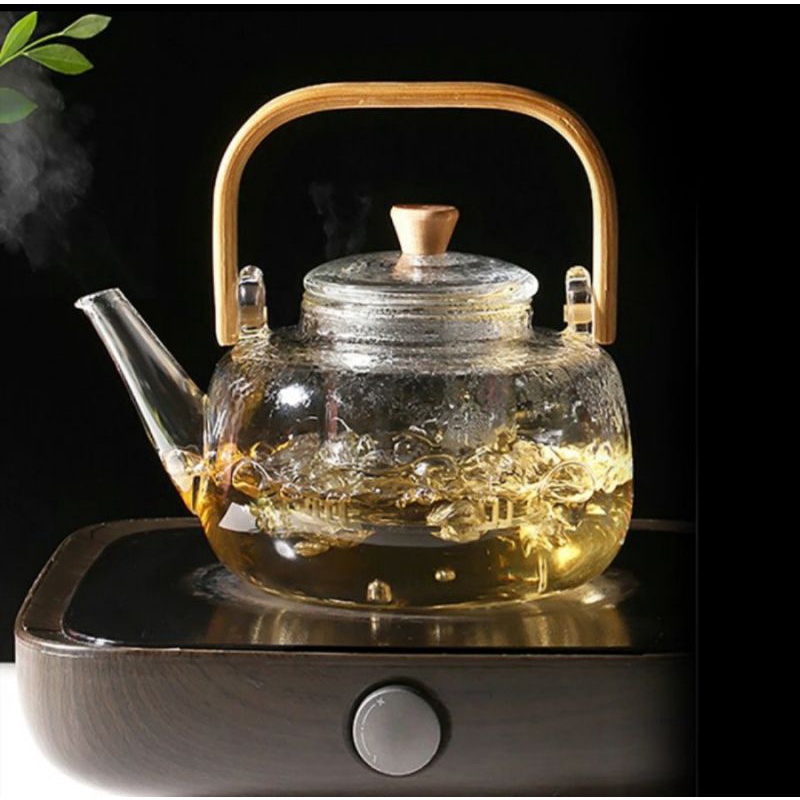 Jual Pitcher Teko Kaca Tahan Panas Gagang Kayu Glass Teapot Japanese Style Teko Teh Penyaring 5392