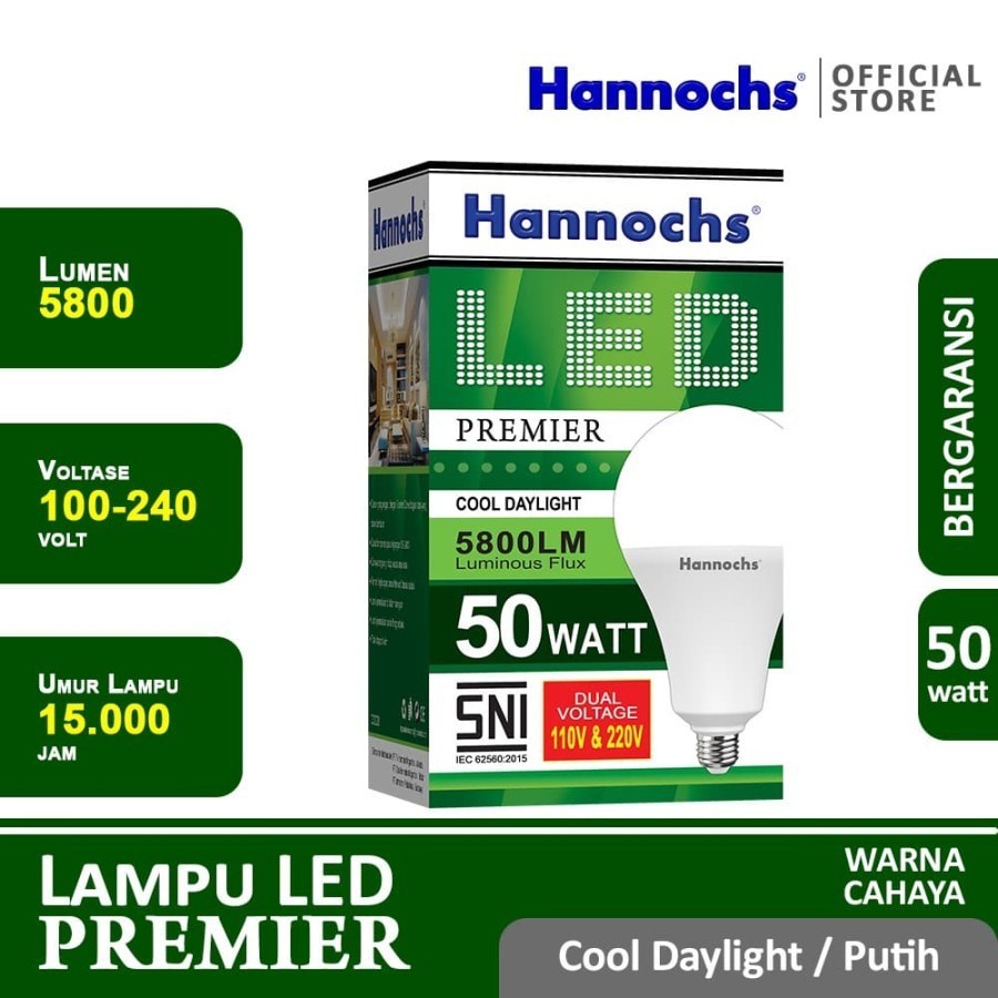 Jual Lampu Led Bohlam 50 W Hannochs Premier 50 Watt Cahaya Putih - SNI ...