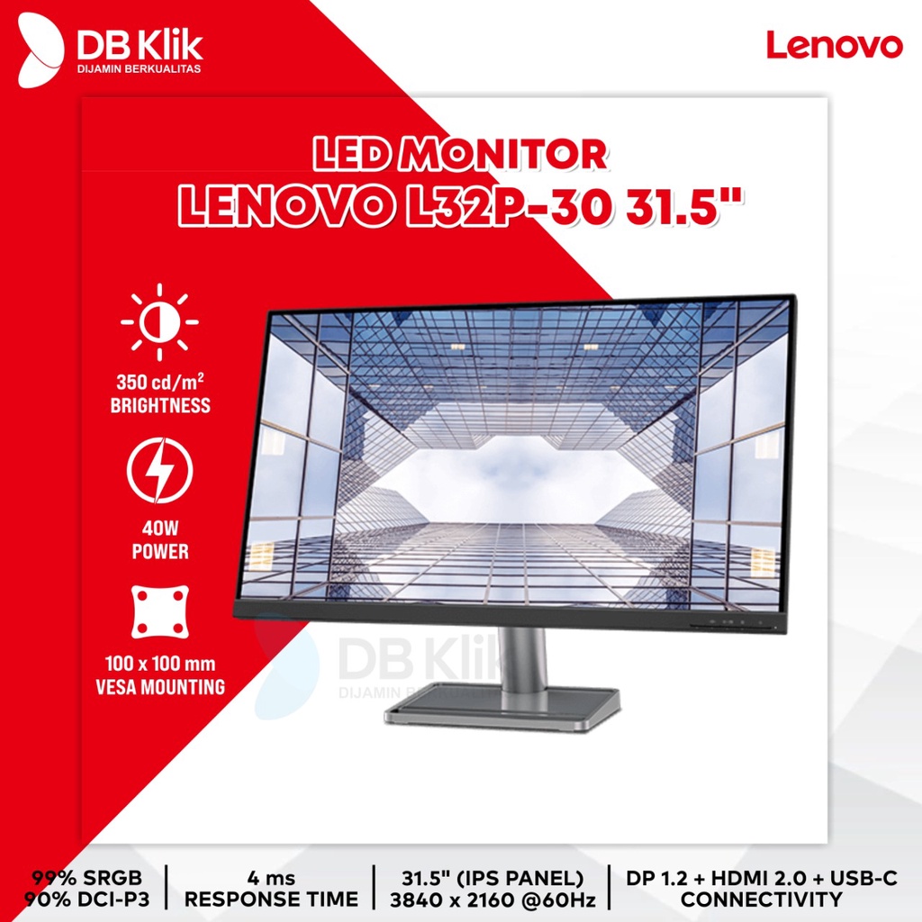 Monitor Lenovo L32p-30 32” 4K UHD (IPS, 60 Hz 4 ms, HDMI DP, USB-C