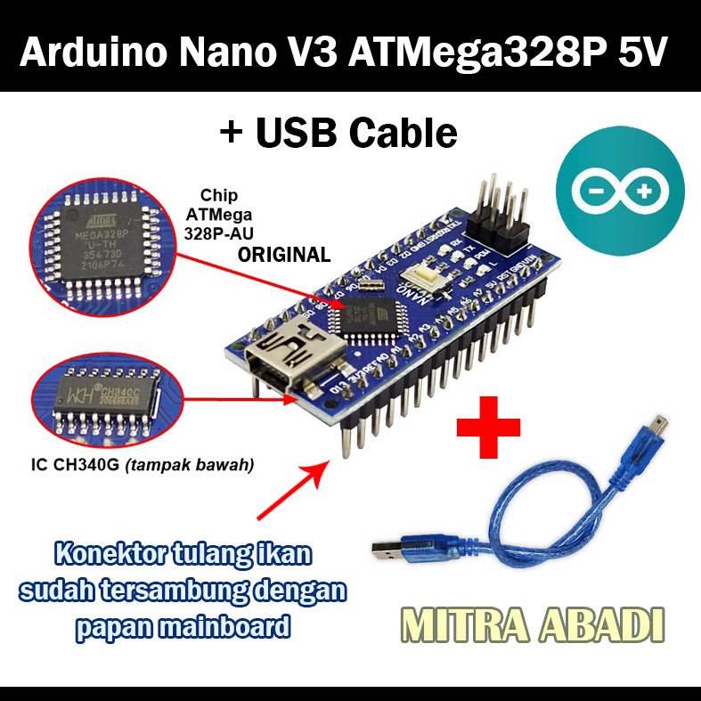 Jual ARDUINO NANO V3 3.0 ATMEGA328P CH340 CH340G 5V BOARD + USB CABLE ...
