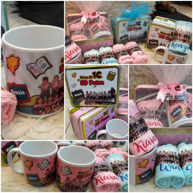 Jual Hampers perpisahan sekolah /mug dan handuk bordir dan kotak kaleng