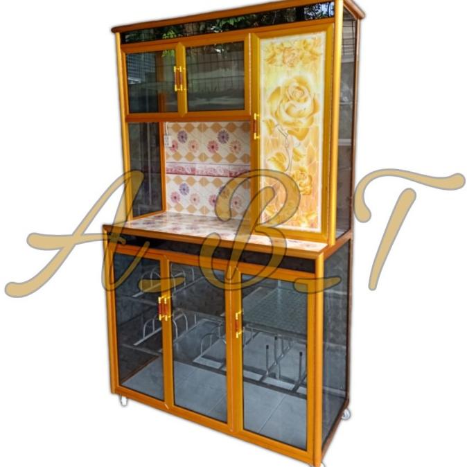 Jual rak piring 3 pintu kaca lukis gold kaki roda | Shopee Indonesia