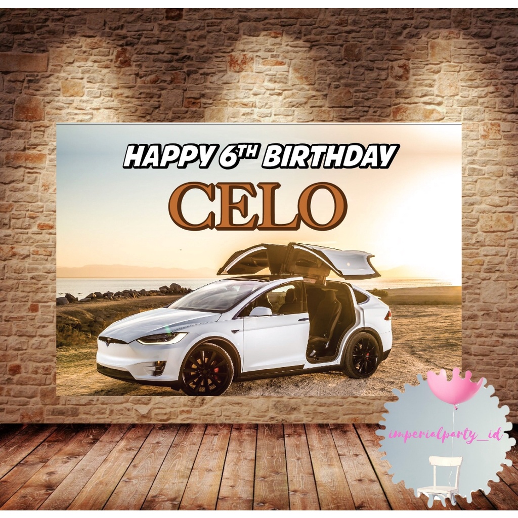 Jual Custom Happy Birthday Backdrop Banner Spanduk Ultah Mobil Tesla ...
