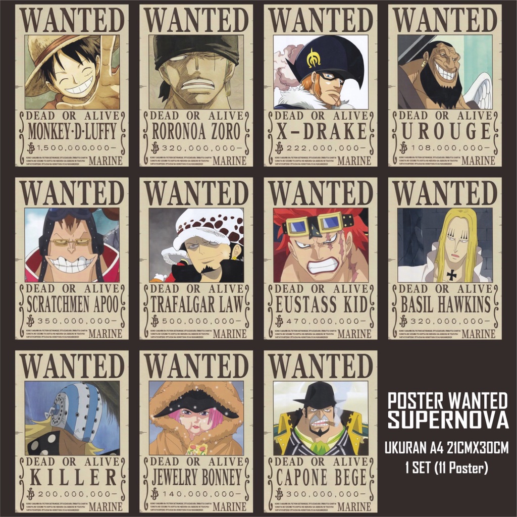 Jual Poster Bounty Wanted One Piece Supernova Worst Generation Ukuran A4 20cmx30cm 1set 1114