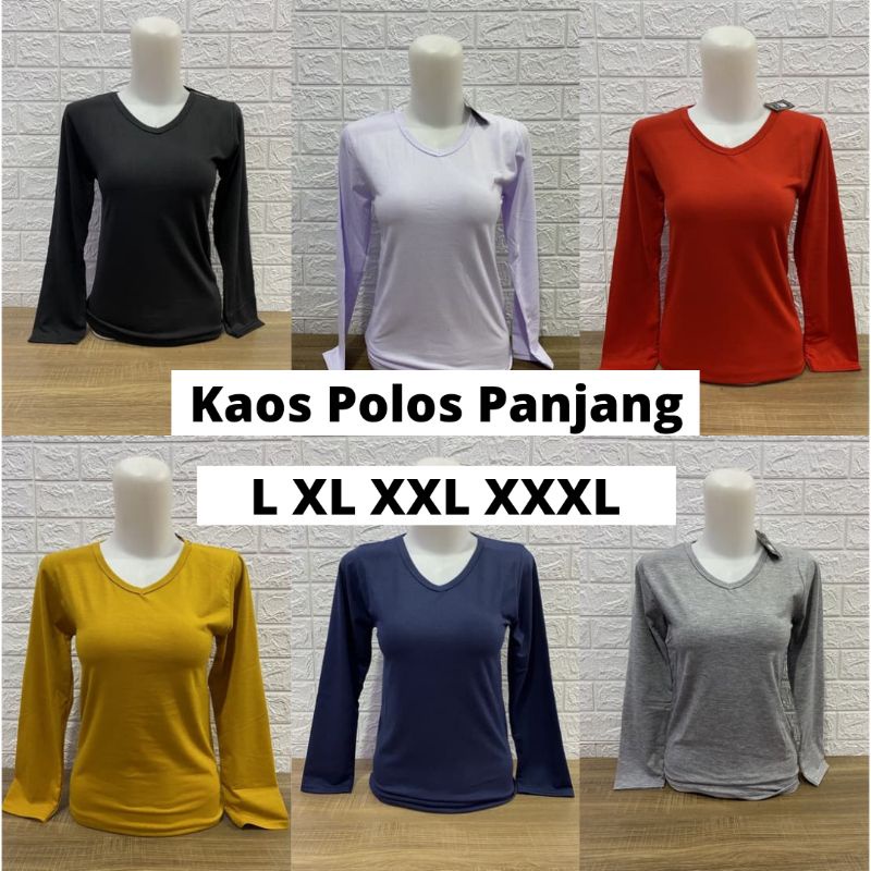 Jual Kaos polos lengan panjang wanita v neck L XL XXL XXXL Shopee