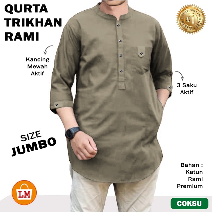 Baju Koko Pria Muslim QURTA TRIKHAN RAMI JUMBO Lengan Tanggung Bahan Katun M - XXXL TERMURAH TERLARIS LMS 27658 Bahan Adem Lembut Halus, Kancing Saku Aktif Koko Dewasa