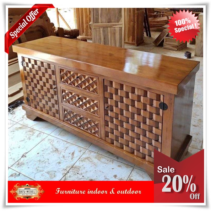 Bufet Ukiran Anyaman Motif Bufet TV Ruang Tamu Minimalis Dari Kayu Jati
