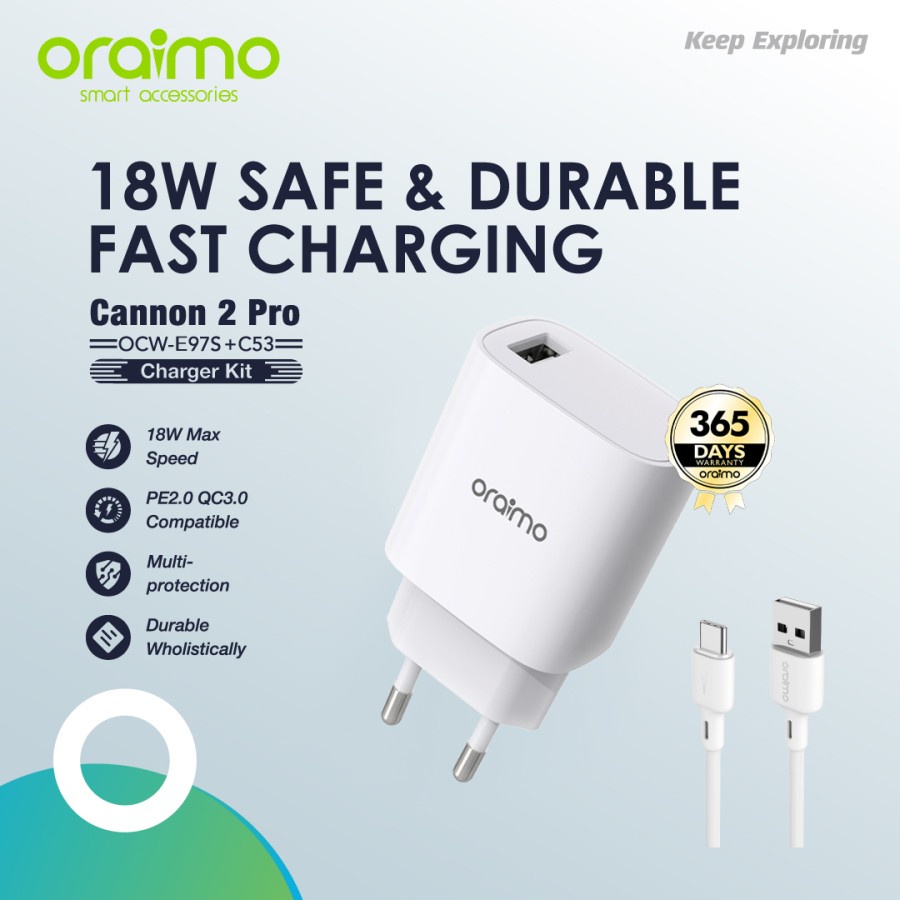 Jual Oraimo Cannon 2 Pro Charger Kit Type C 18W 5V 3A Fast Charging OCW