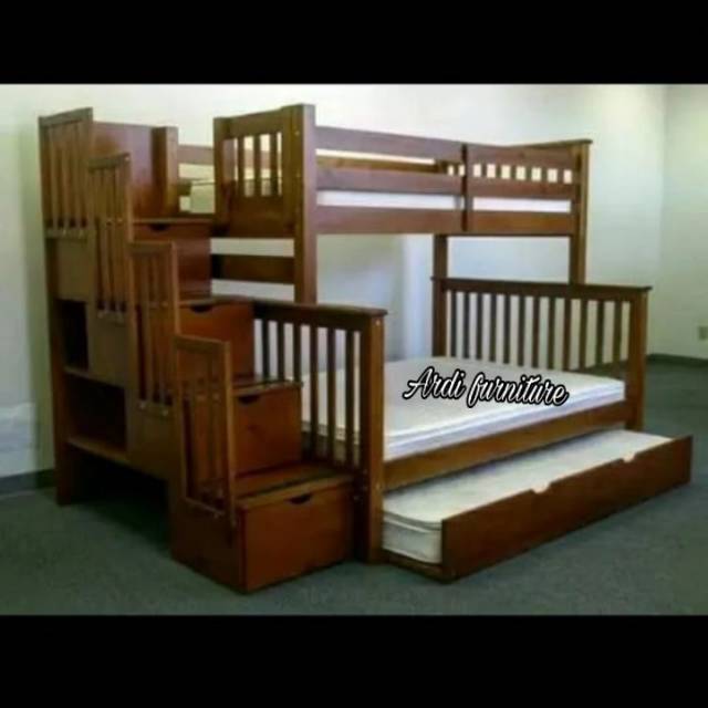 Jual Ranjang Anak Susun Tempat Tidur Tingkat Kayu Jati Tangga Laci