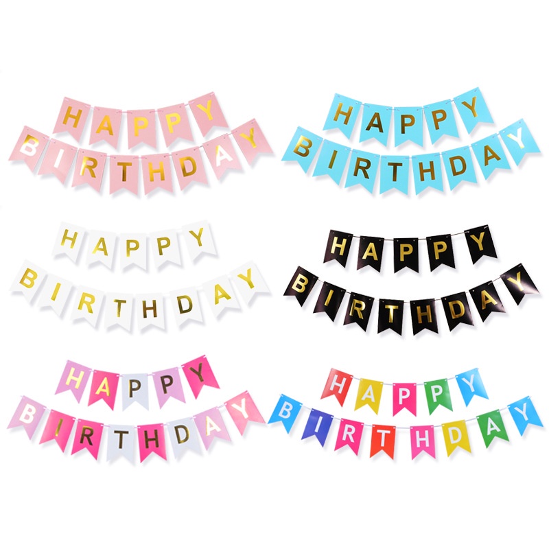 Banner happy birthday / bunting flag ulang tahun hitam tulisan gold balon