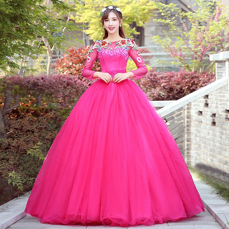 Jual 1711056 Fushia Hot Pink Lengan Panjang Gaun Pengantin Wedding