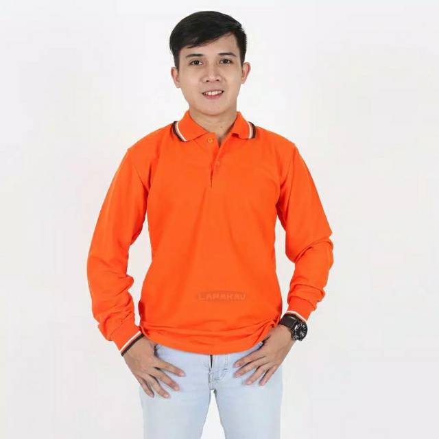 Jual Kaos Polo Berkerah Polos Lengan Panjang Pakai Lis Warna ORANGE ...