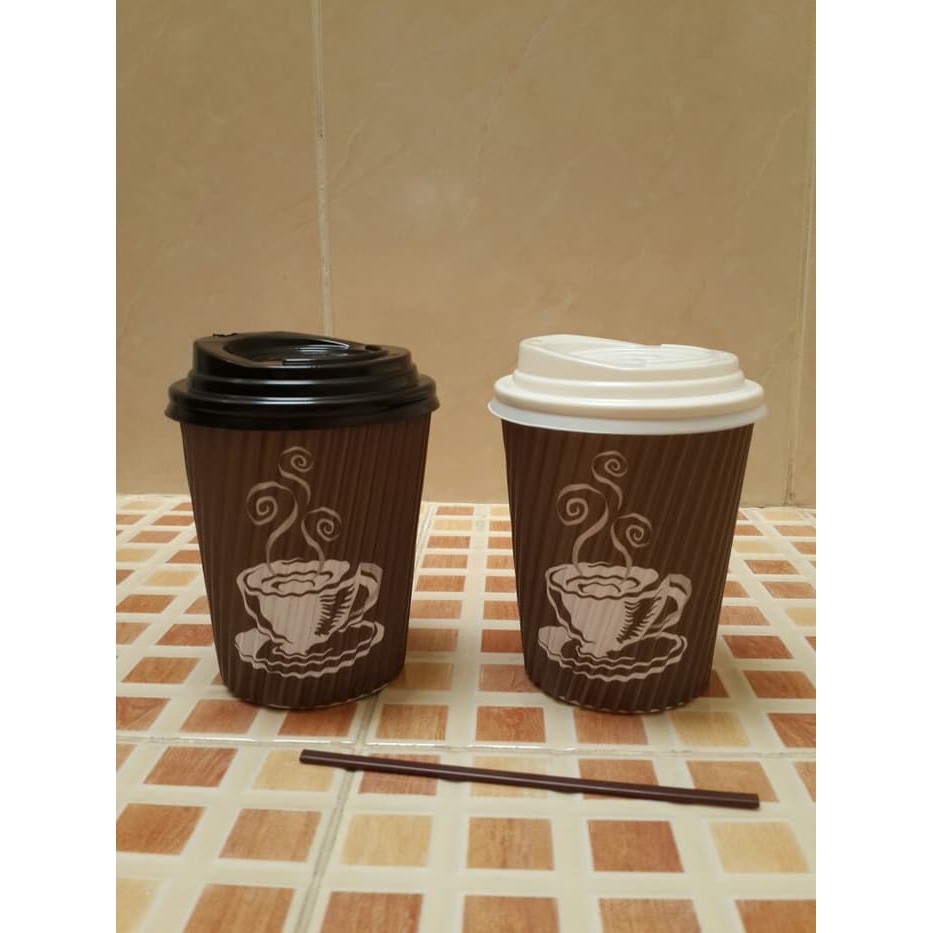 Jual Paper Cup Gelas Kopi 8 Oz Motif Bergelombang Coklat Complete Set ...