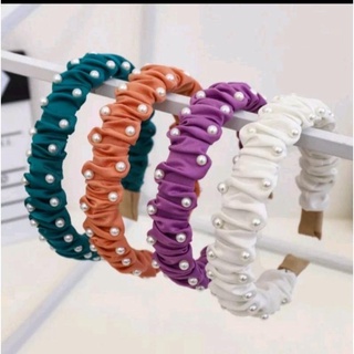Bando Headband Wanita Mutiara Kerut Satin Pearl Fashion Korean Style