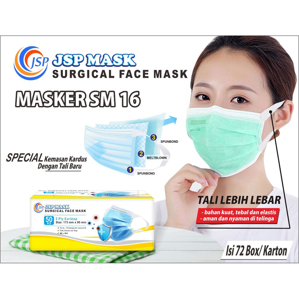 Jual Masker JSP Surgical Face Mask SM16 Earloop 3Ply / 3 PLY / Masker ...