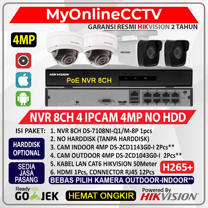 Jual PAKET IP CAMERA HIKVISION CCTV KAMERA 4MP LENGKAP NVR 8CH