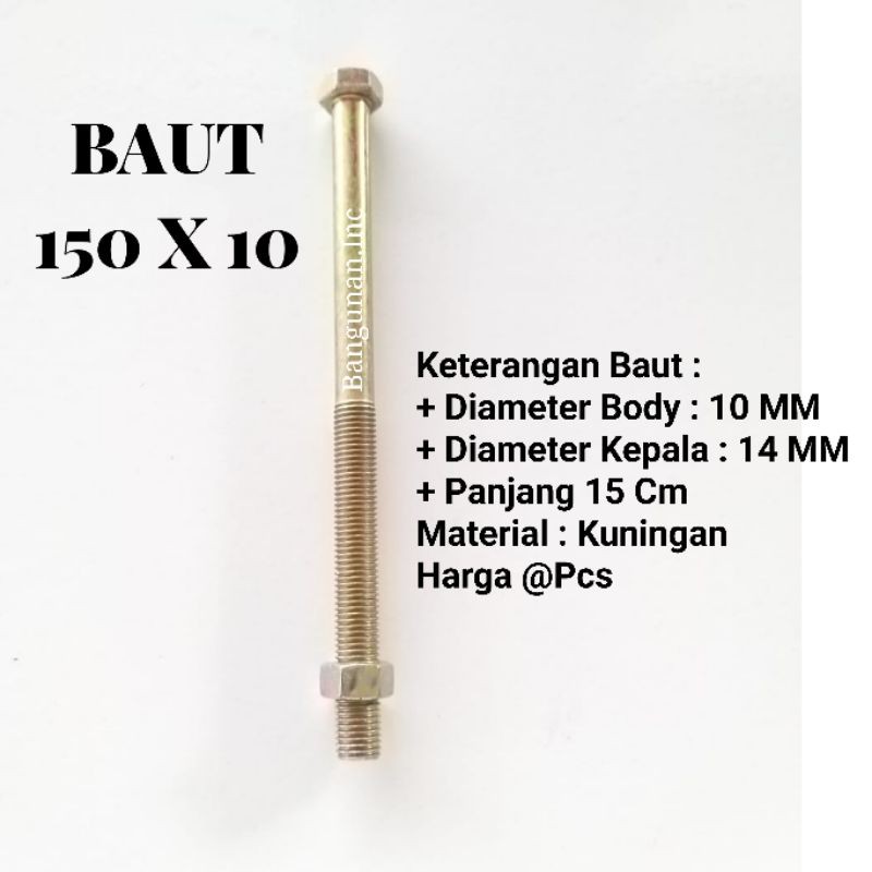 Jual BAUT 10 X 150 - MUR BAUT 10 MM PANJANG 15 CM - KEPALA BAUT 14 MM ...