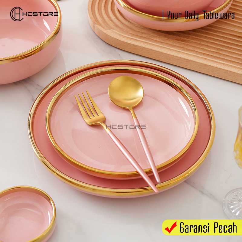 Kelebihan Piring Mangkuk Keramik Sultan Warna Pink Gold